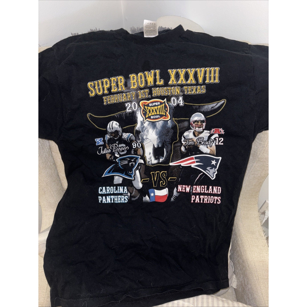 Vintage Super Bowl XXXVIII (2004) Game T-shirt (L) Black - Tom Brady