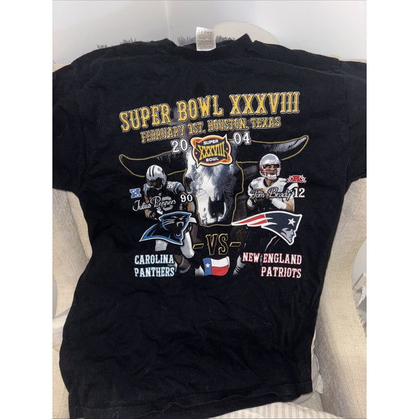 Vintage Super Bowl XXXVIII (2004) Game T-shirt (L) Black - Tom Brady
